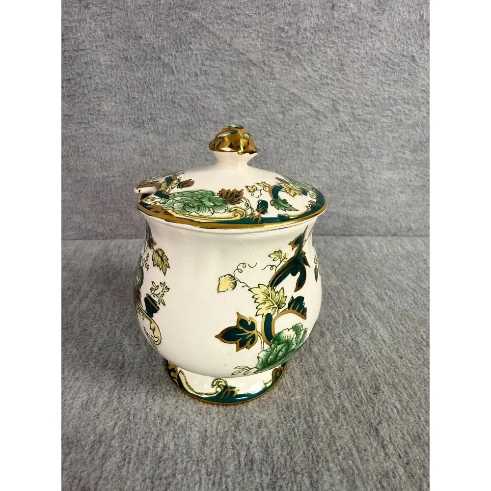 Mason's Ironstone China Mandalay Chartreuse Jam Jelly Jar with Lid Gold Trim